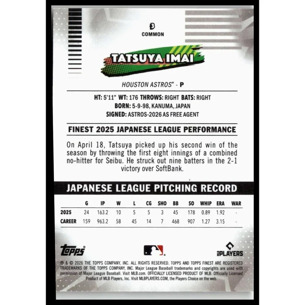 2026 Finest Tatsuya Imai Common Base Rookie RC Astros